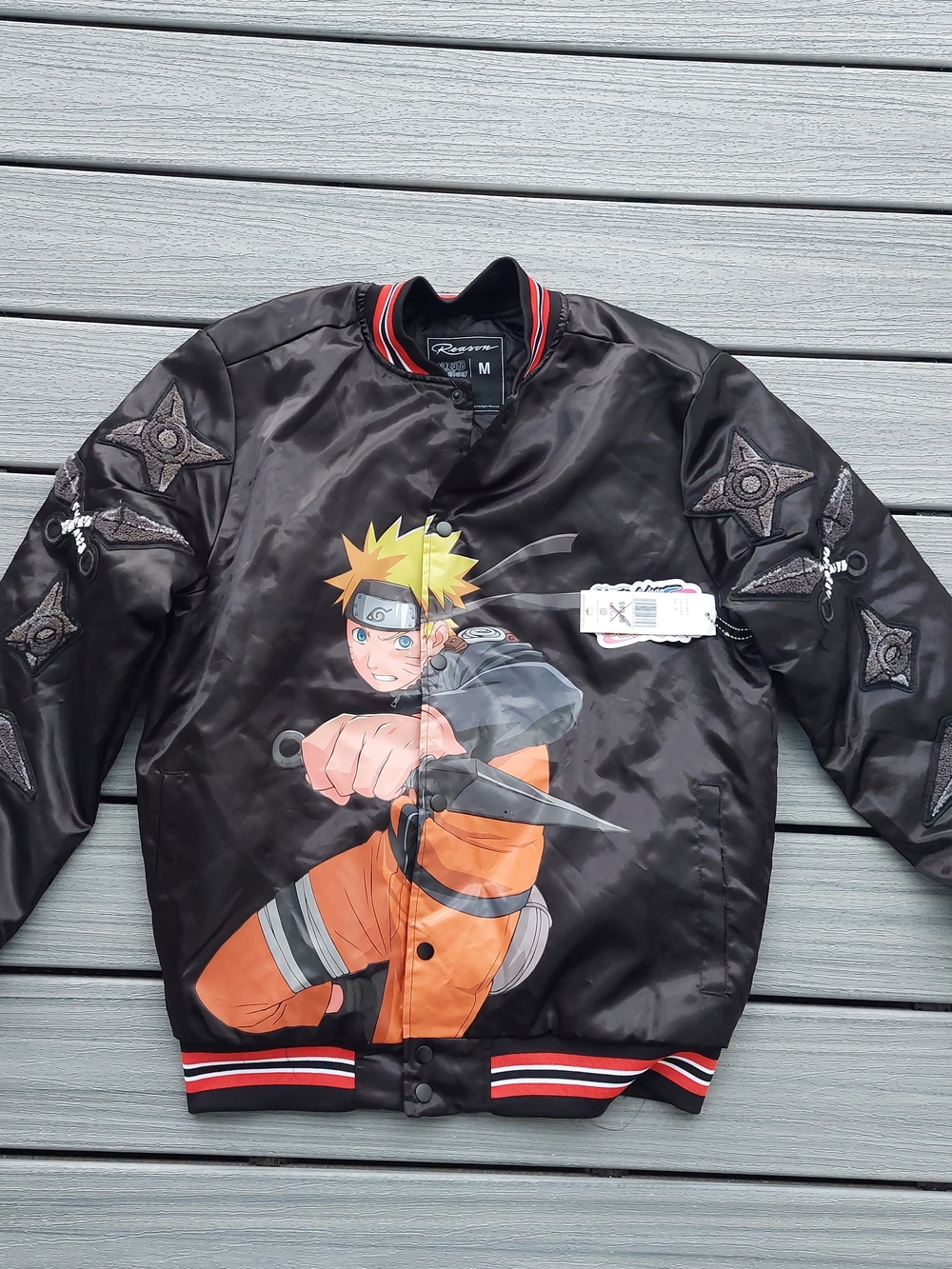 Naruto Reason Graphic Black Bomber Jacket with Orange Accent Satin Men M NWT